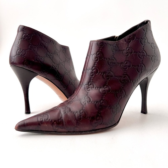 GUCCI | Brown Guccissima GG Logo Leather Pointed Toe Stiletto Ankle Booties 7B - Picture 1 of 14